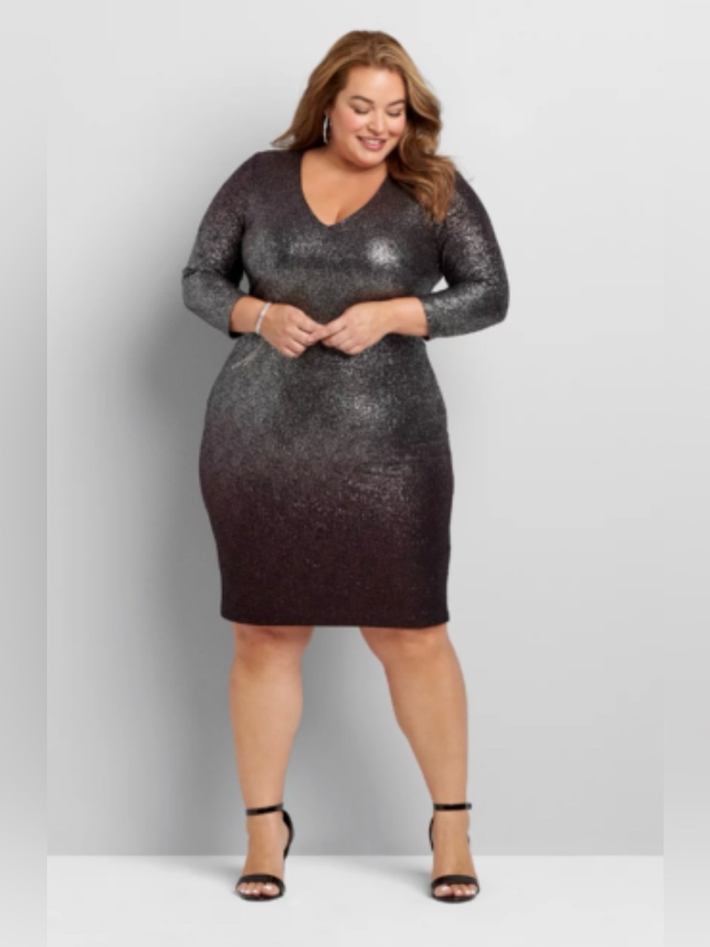 Charlotte Russe Metallic Shimmer V-Neck Long Sleeve Bodycon Ombré Dress SZ. L